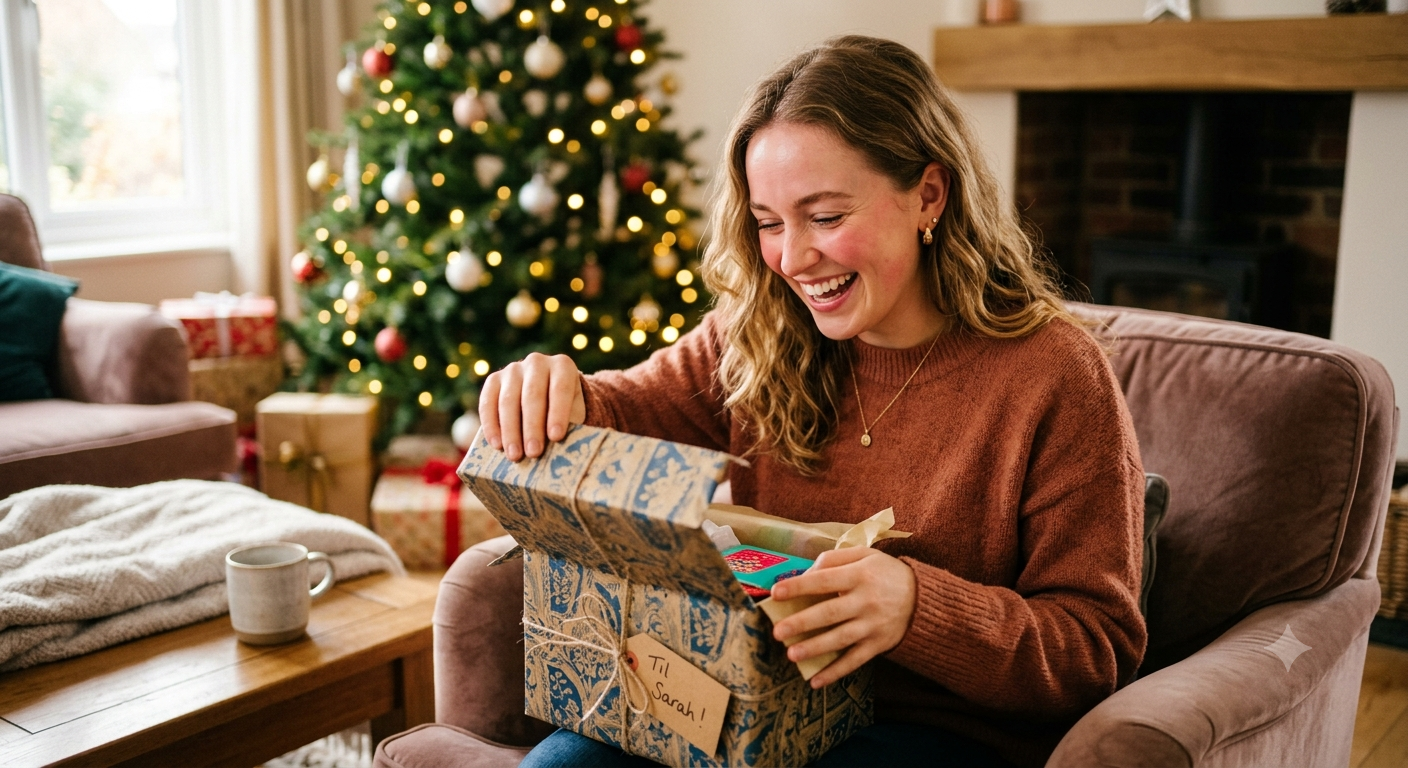 Kvinne som &aring;pner en gave foran juletreet